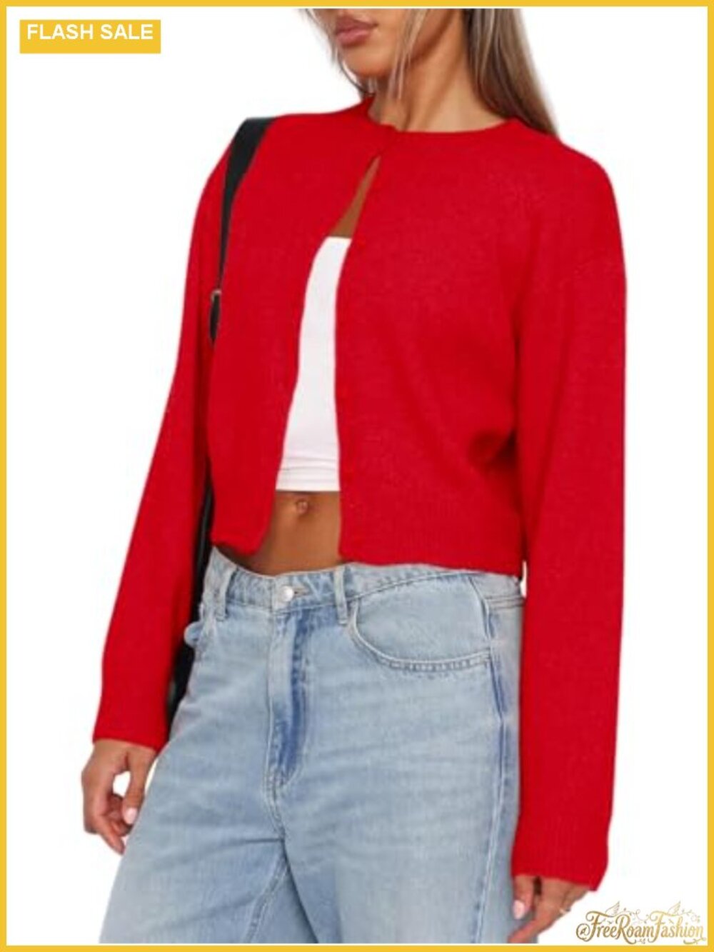 Women's Cropped Cardigan Sweater Button Down Crew Neck Long Sleeve Knit
